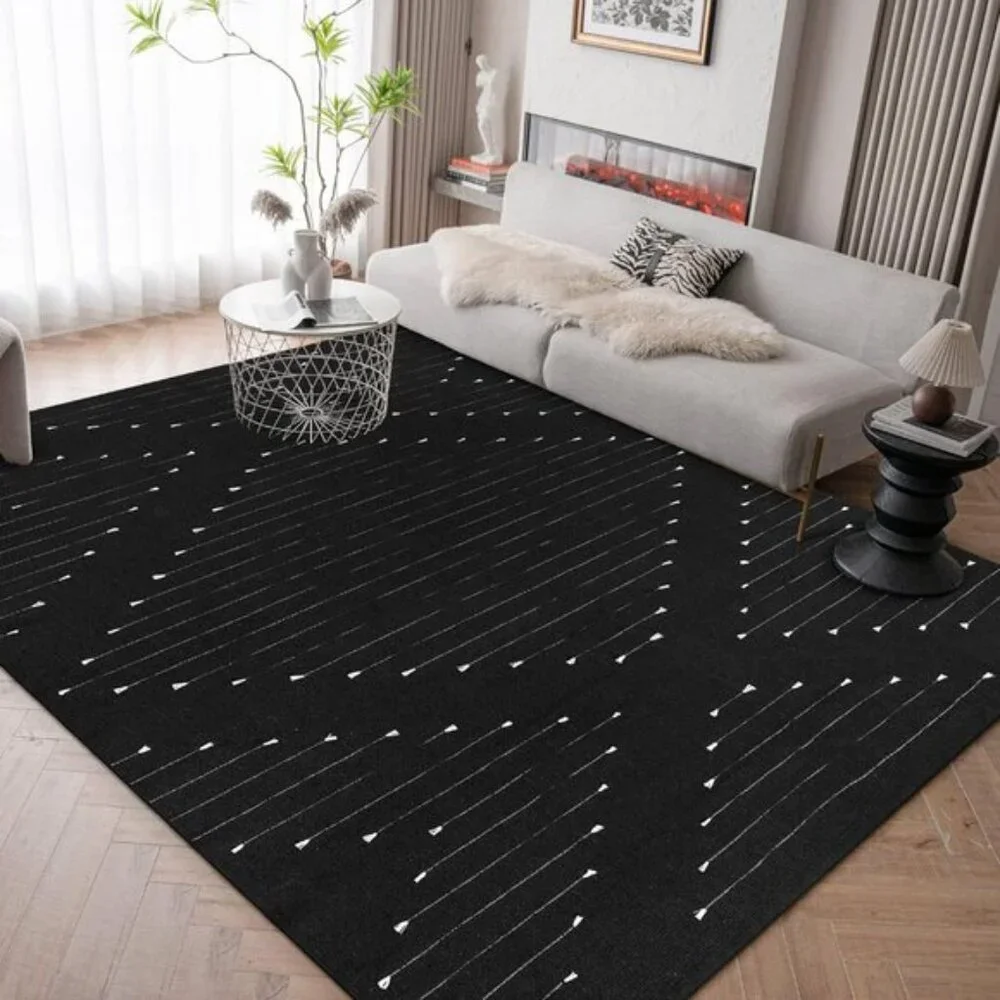 New Boho Area Rug 8' x 10' – Washable Black Moroccan Cotton Rug for Living Room
